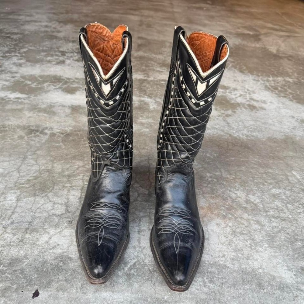 True vintage ACME black leather diamond stitch inlay western cowboy boots - Picture 2 of 8